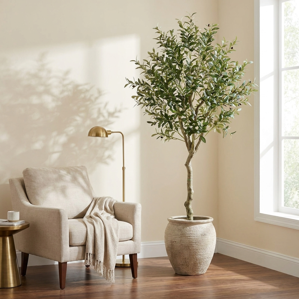 Artificial Olive Tree styled in a warm modern interior