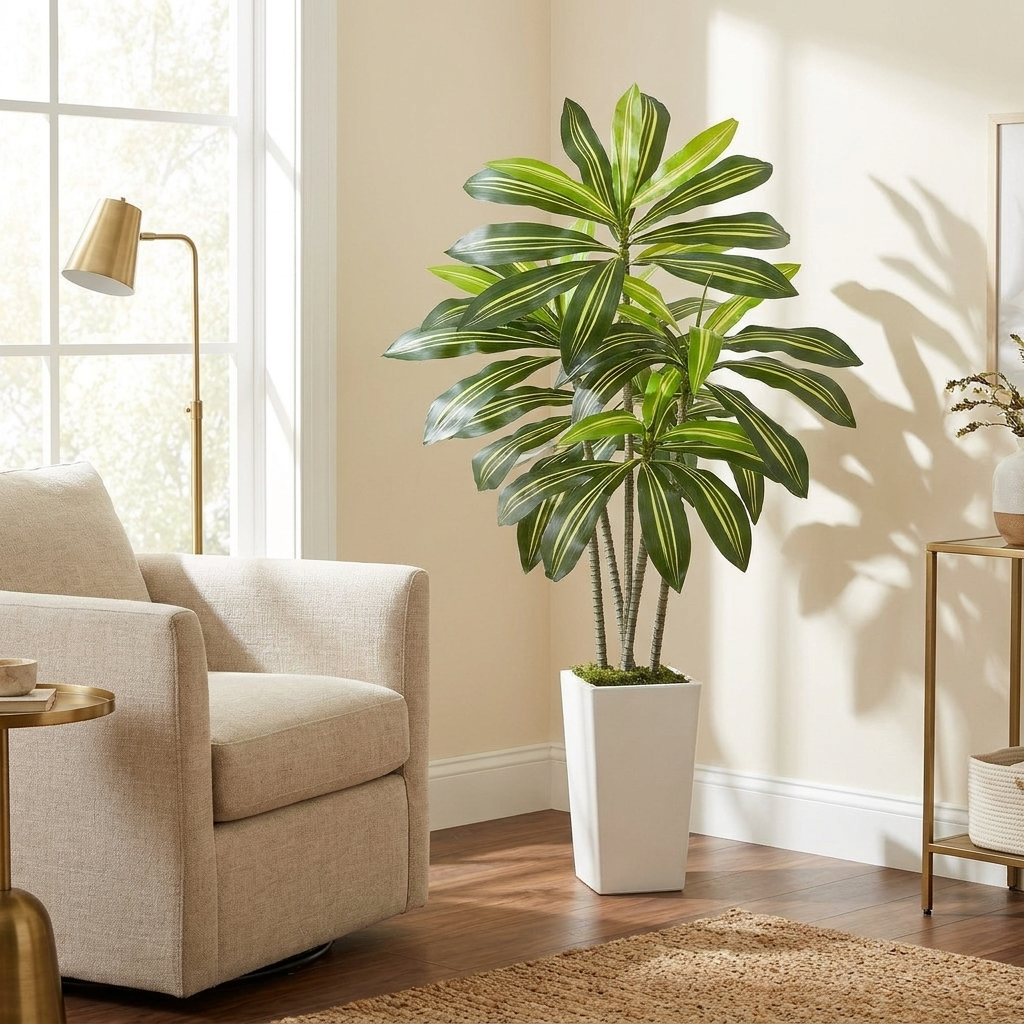 Artificial Dracaena Tree, 5 ft Faux Potted Plant, Green, for Living Room Corner styled in a room
