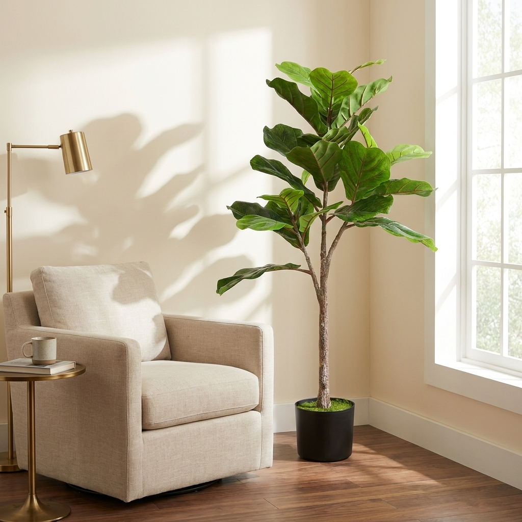 Artificial Fiddle Leaf Fig Tree, 43 in. Faux Potted Plant, Green, for Living Room styled in a room