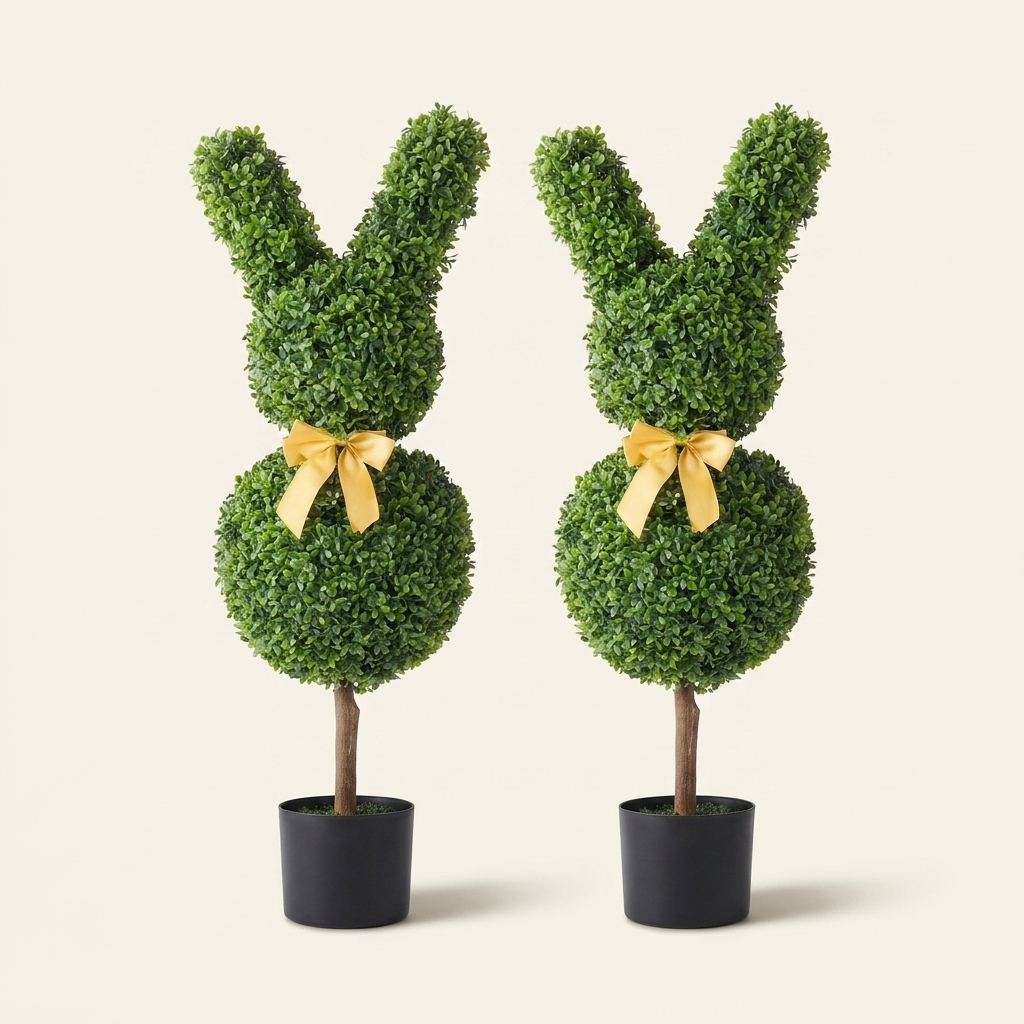 Artificial Topiary Bunny-Shape Boxwood Ball on a warm cream background