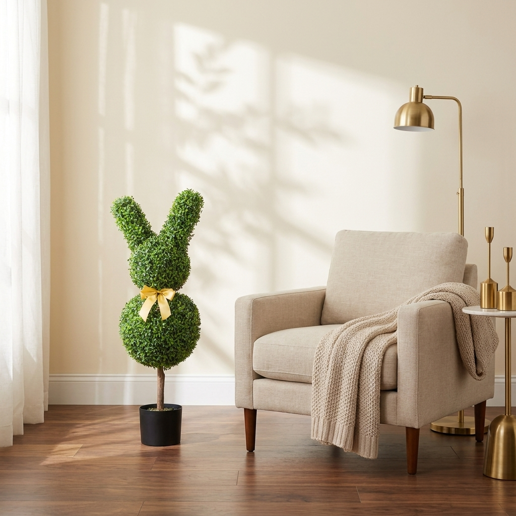 Artificial Topiary Bunny-Shape Boxwood Ball styled in a warm modern interior