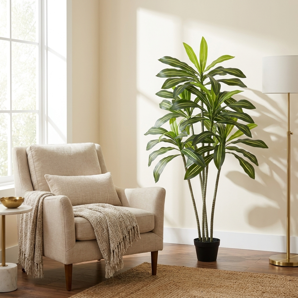 Artificial Dracaena Tree, 6 ft Faux Plant with White Planter, Green, for Living Room styled in a room