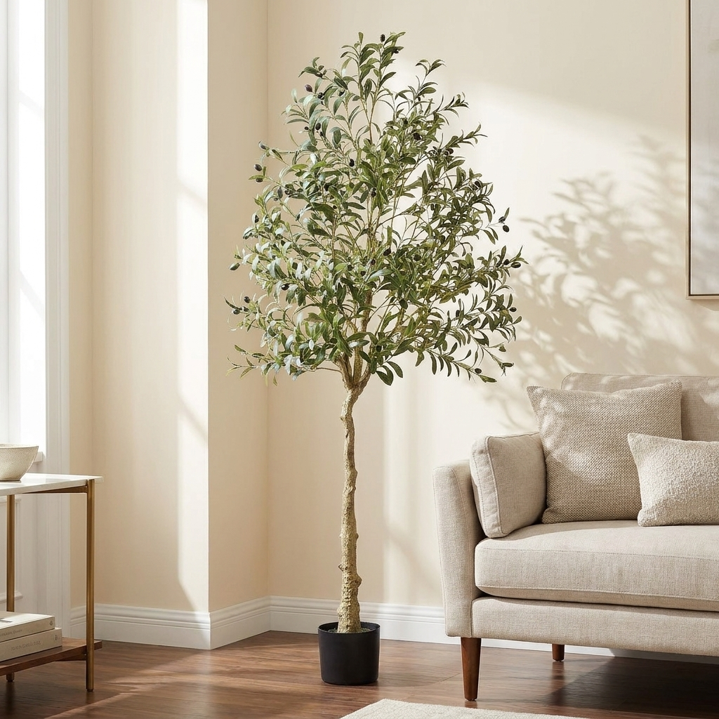 Artificial Olive Tree, Faux Potted Greenery Plant, Green, for Living Room Corner styled in a room