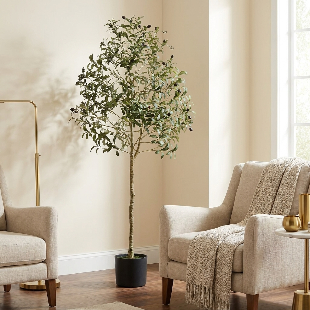 Artificial Olive Tree styled in a warm modern interior