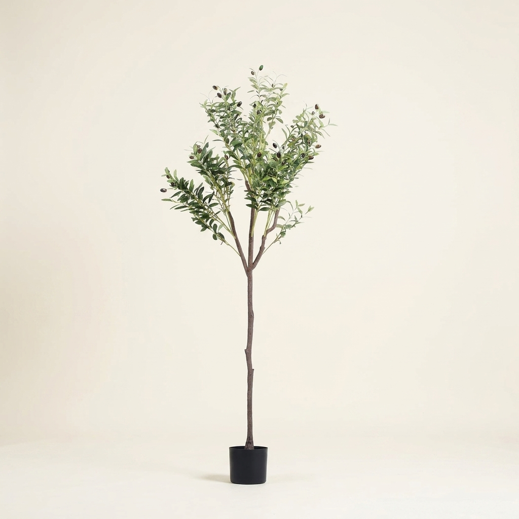 1Pc 5.9FT Artificial Olive Tree Tall Fake Olive Plant Faux Potted Oliv on a warm cream background