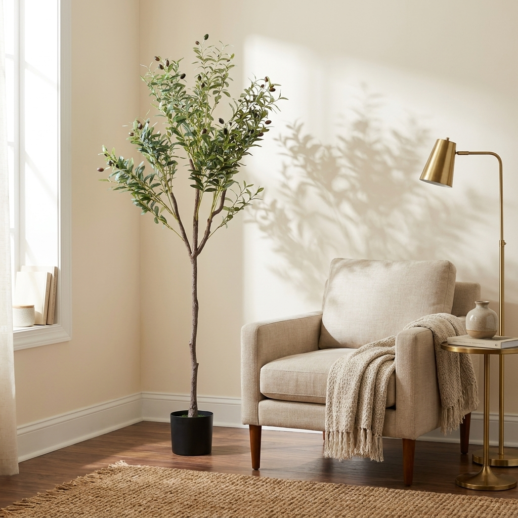 Artificial Olive Tree, 5.9 ft Faux Potted Plant with Fruit, Green, for Living Room styled in a room