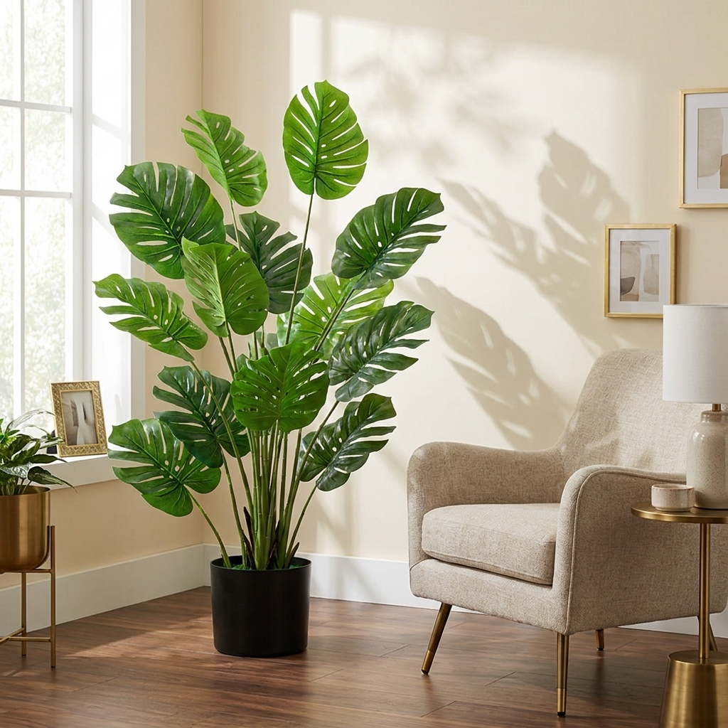 5 Feet Artificial Tree Faux Monstera Deliciosa Plant For Home Indoor A styled in a warm modern interior