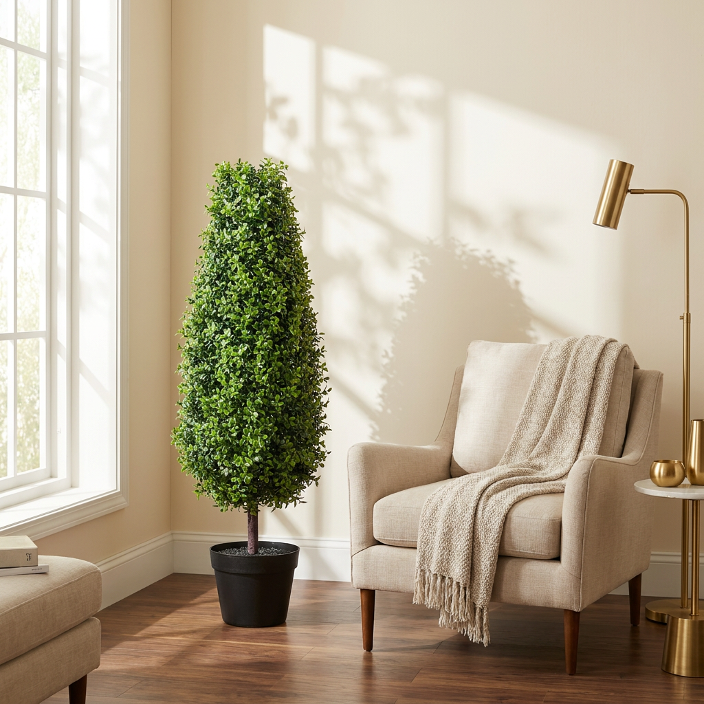 Artificial Boxwood Topiary Tree styled in a warm modern interior