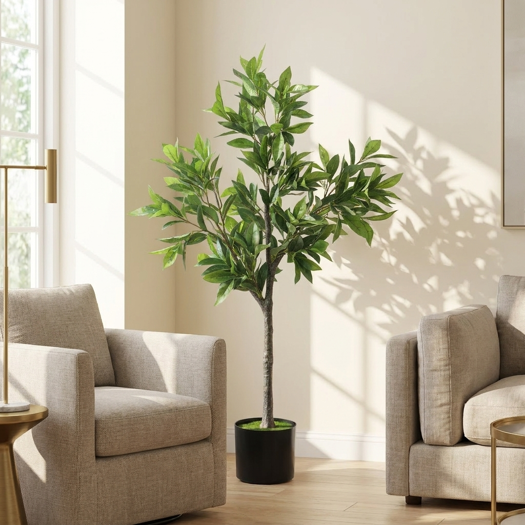 Artificial Laurel Tree, 37 in. Faux Potted PEVA Plant, Green, for Living Room Corner styled in a room