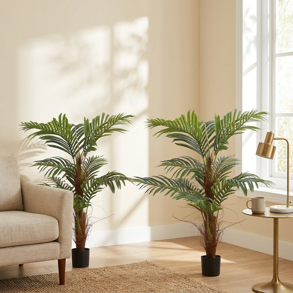 Artificial Palm Tree, Faux PE Potted Plant, Green, for Living Room Corner styled in a room