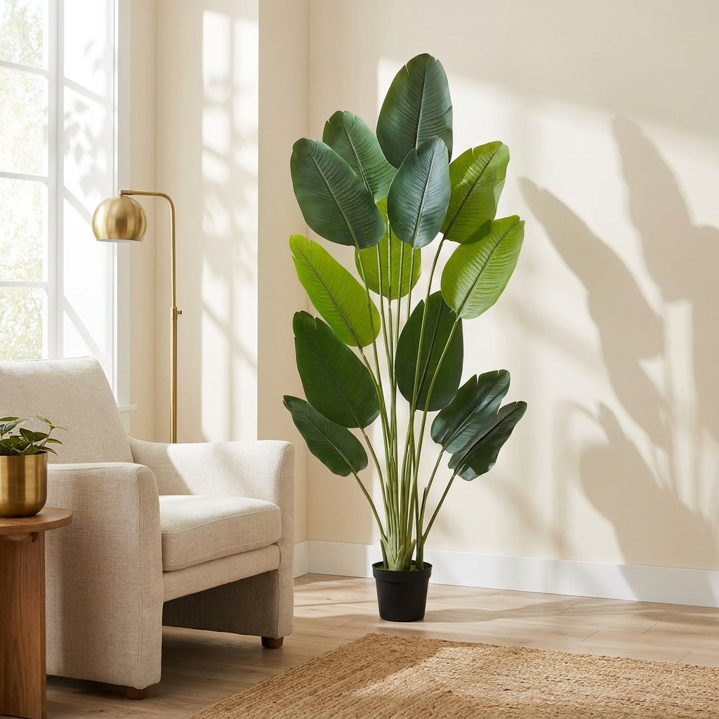 Artificial Bird of Paradise Tree, 6 ft Faux Potted Plant, Green, for Living Room styled in a room