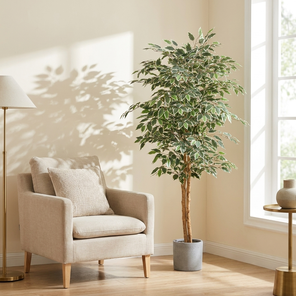 Artificial Ficus Tree, 5 ft Faux Plant with Black Pot, Green, for Living Room Corner styled in a room