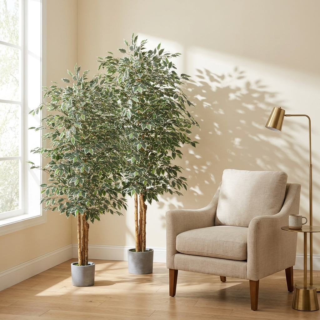 Artificial Ficus Tree, 6 ft Faux Plant with Black Pot,  — styled room scene