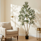 Artificial Olive Tree, 7 ft Faux Plant with Black Pot, Green, for Home Office styled in a room