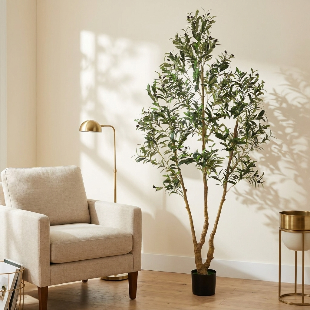 Artificial Olive Tree, 7 ft Faux Plant with Black Pot, Green, for Home Office styled in a room