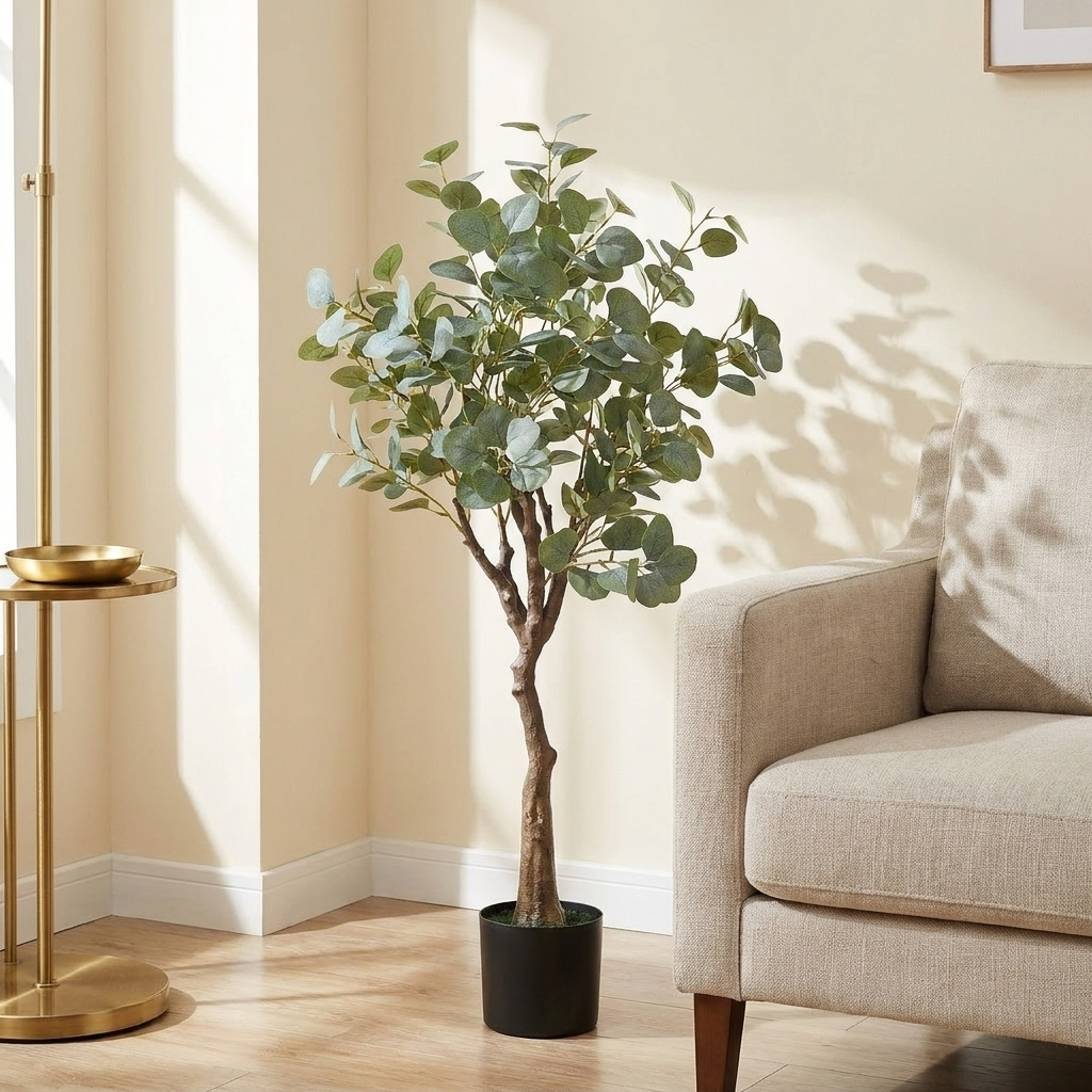 Artificial Eucalyptus Tree, Faux PE Potted Plant, Green, for Living Room Corner styled in a room