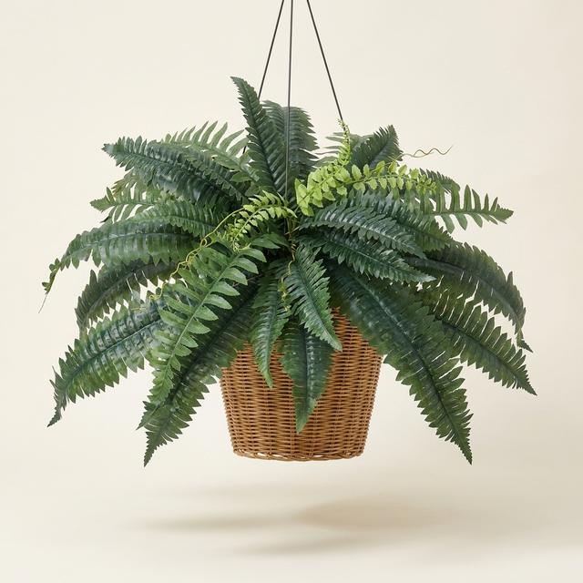 Artificial Fern Plant, Faux Potted Greenery Bush, Green, Set of 2, for Shelf Decor