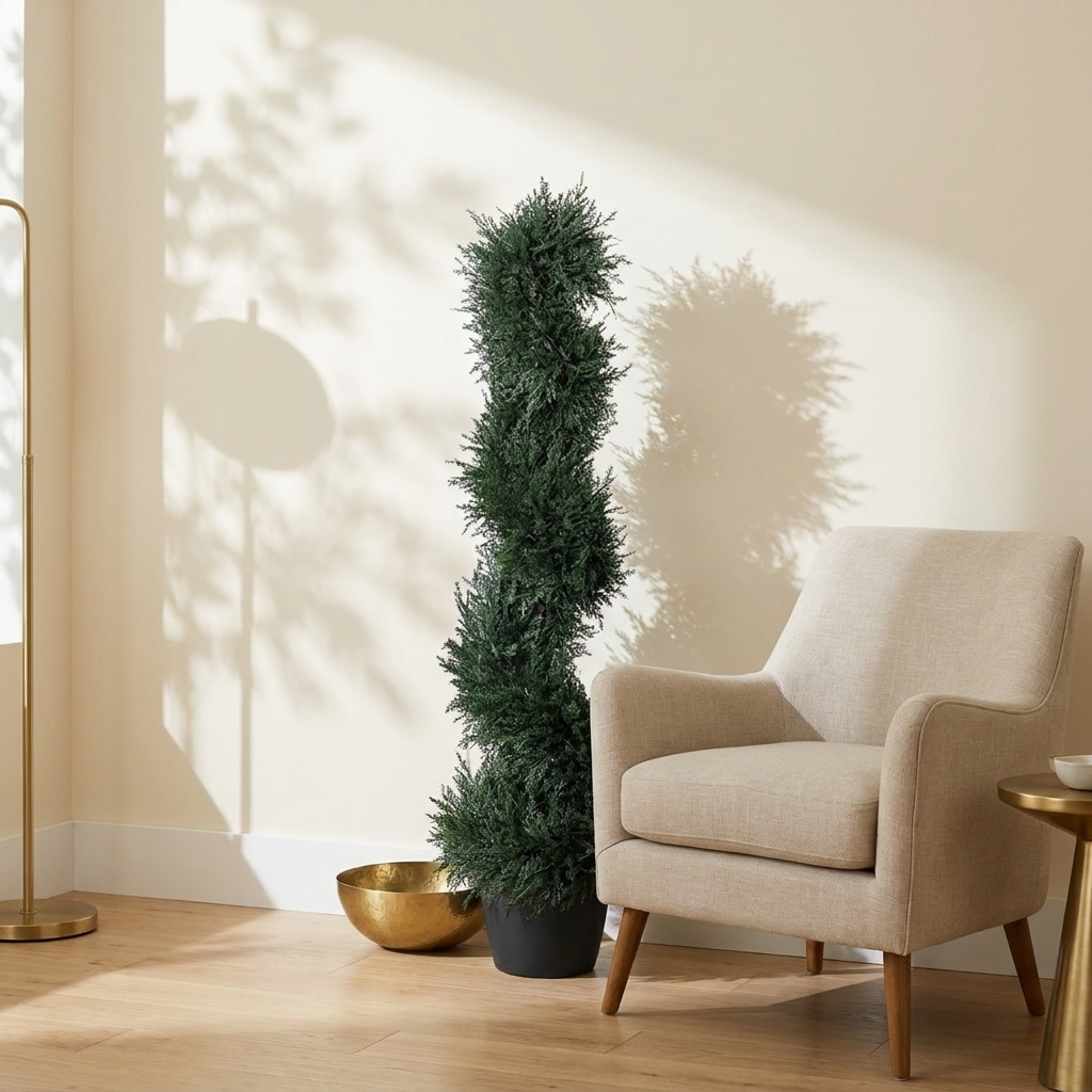 Artificial Spiral Cedar Topiary Tree, 3 ft Faux Plant, Dark Green, for Entryway styled in a room