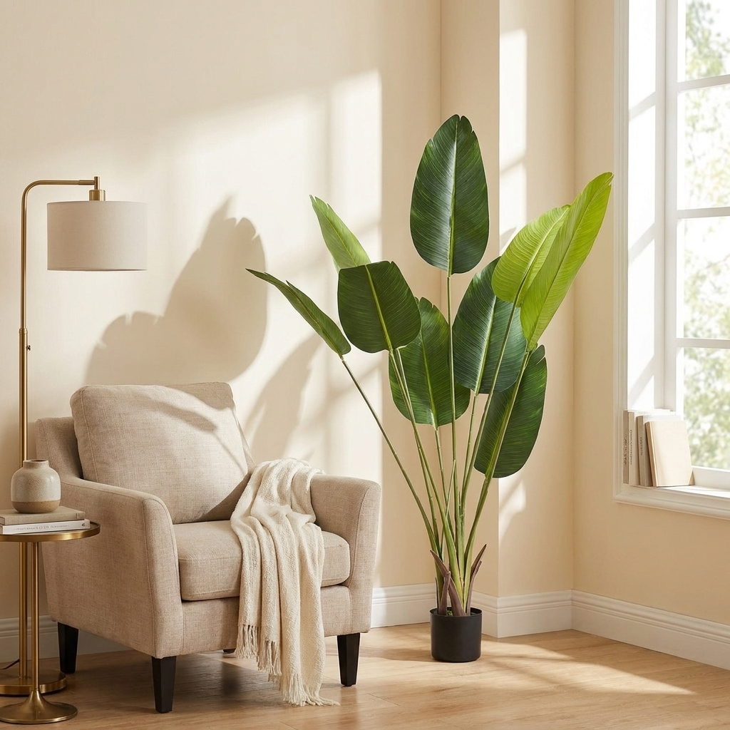 Artificial Bird of Paradise Tree, Faux PE Potted Plant, Green, for Living Room styled in a room