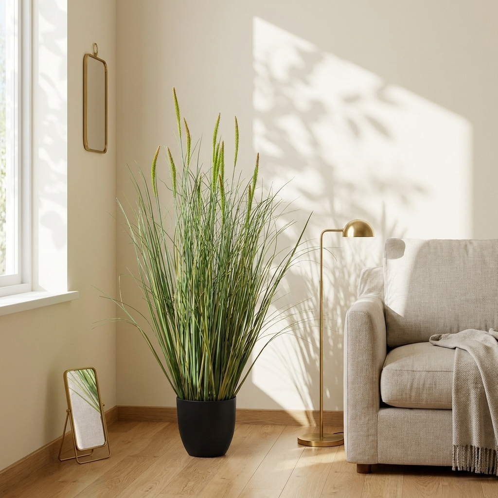 Faux Cattail Grass Plant, 3 ft Tall Stems, Green, Set o — styled room scene