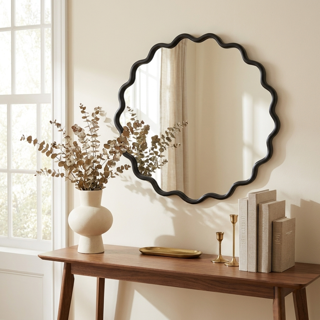 Solid Wood Wavy Wall Mirror, 36 x 36 in. Modern Vanity Decor, Black for Living Room styled in a room