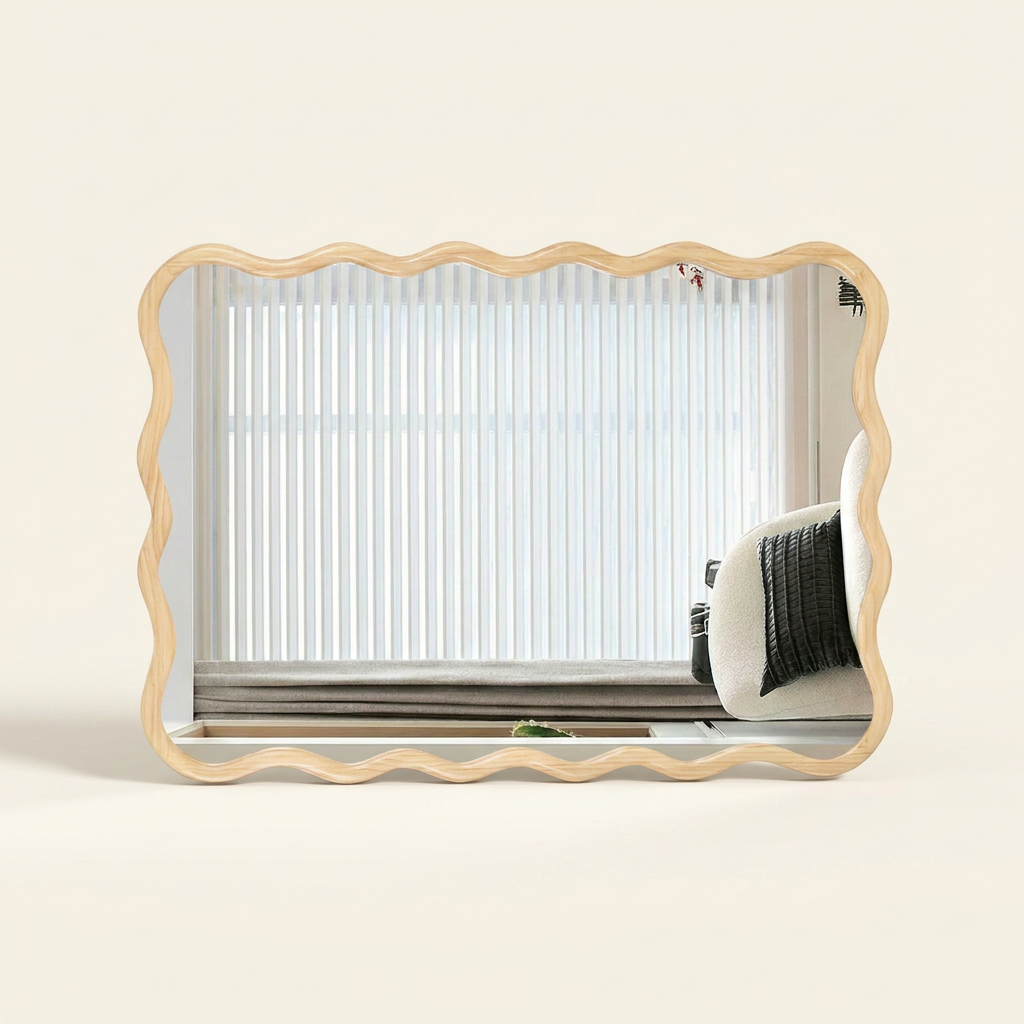 Solid Wood Wavy Rectangle Wall Mirror, 40 x 28 in. Modern, Natural Wood for Entryway