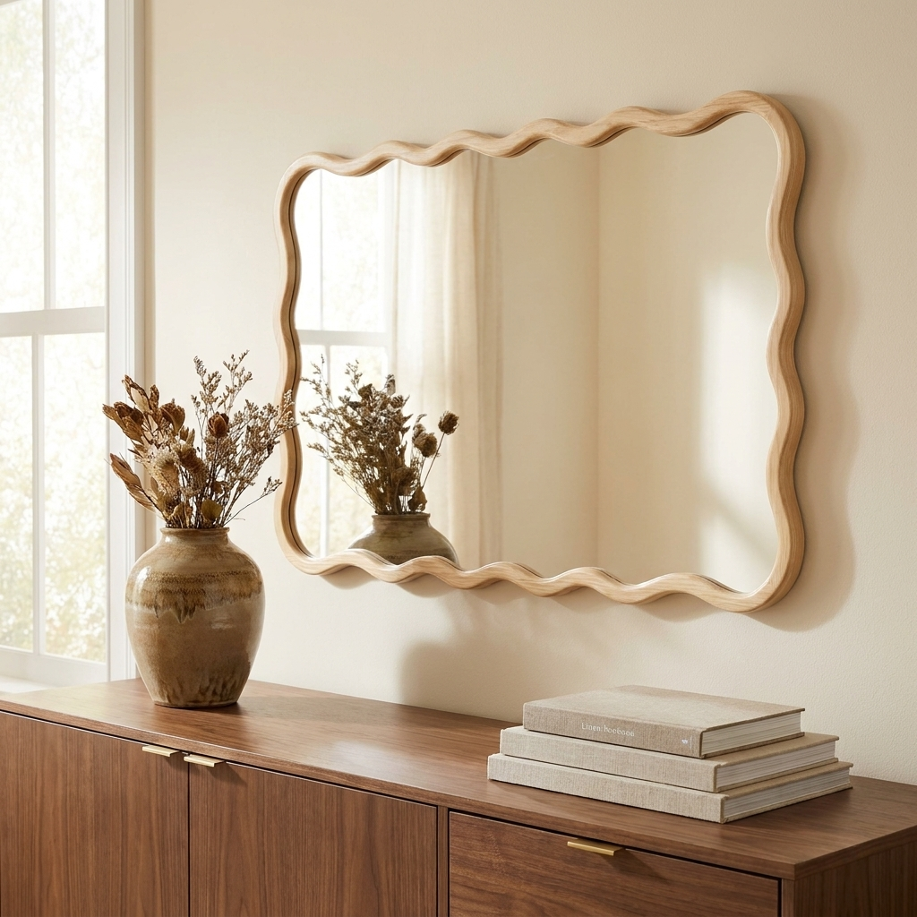Solid Wood Wavy Rectangle Wall Mirror, 40 x 28 in. Modern, Natural Wood for Entryway styled in a room