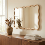 Solid Wood Wavy Rectangle Wall Mirror, 40 x 28 in. Modern, Natural Wood for Entryway styled in a room