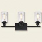Modern 3-Light Wall Sconce, Clear Glass Shades, Matte Black Vanity Bar for Bathroom