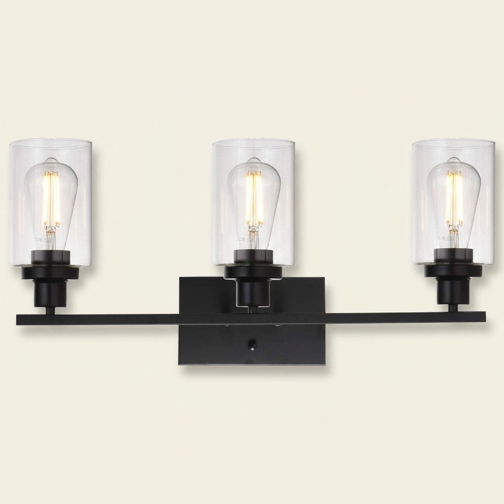Modern 3-Light Wall Sconce, Clear Glass Shades, Matte Black Vanity Bar for Bathroom