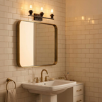 Modern 3-Light Wall Sconce, Clear Glass Shades, Matte Black Vanity Bar for Bathroom styled in a room