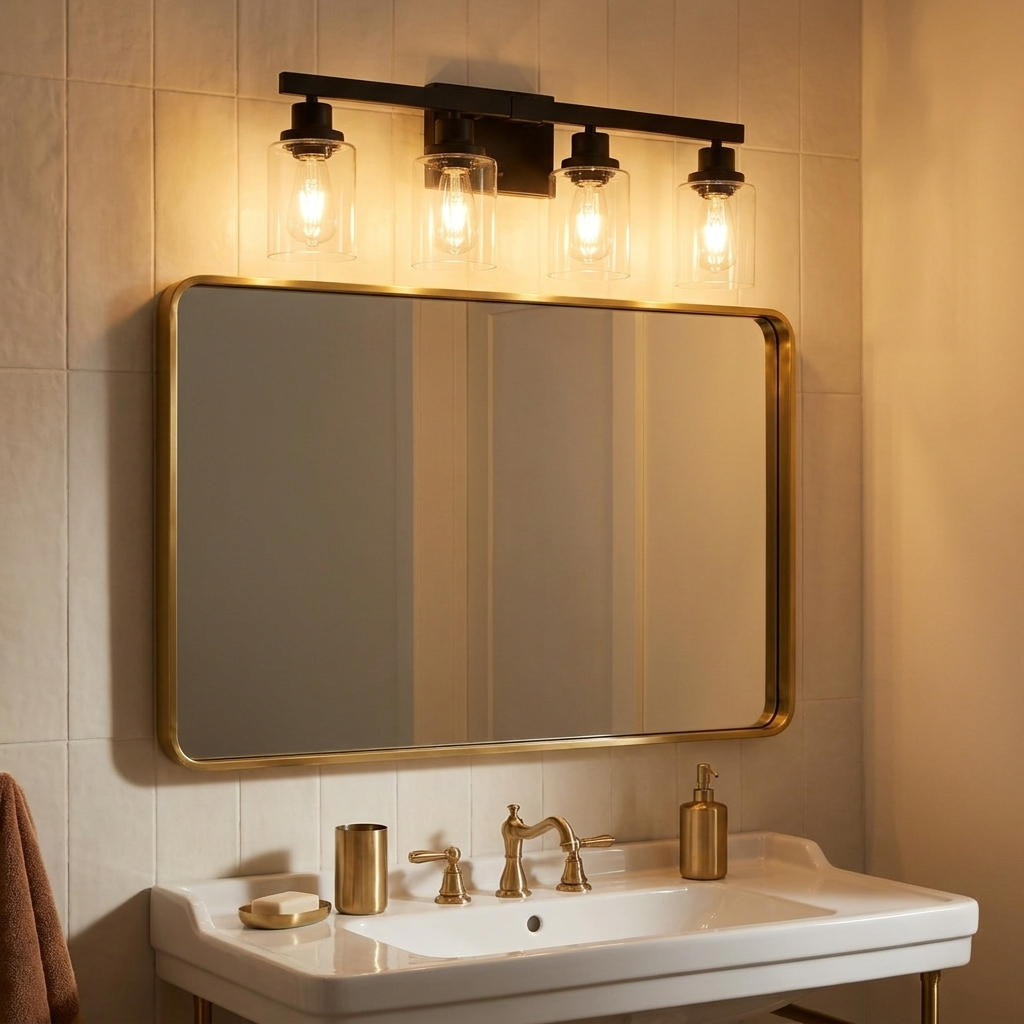 Modern Farmhouse 4-Light Bathroom Vanity Light, 24 in. Bar, Black for Bathroom Mirror styled in a room