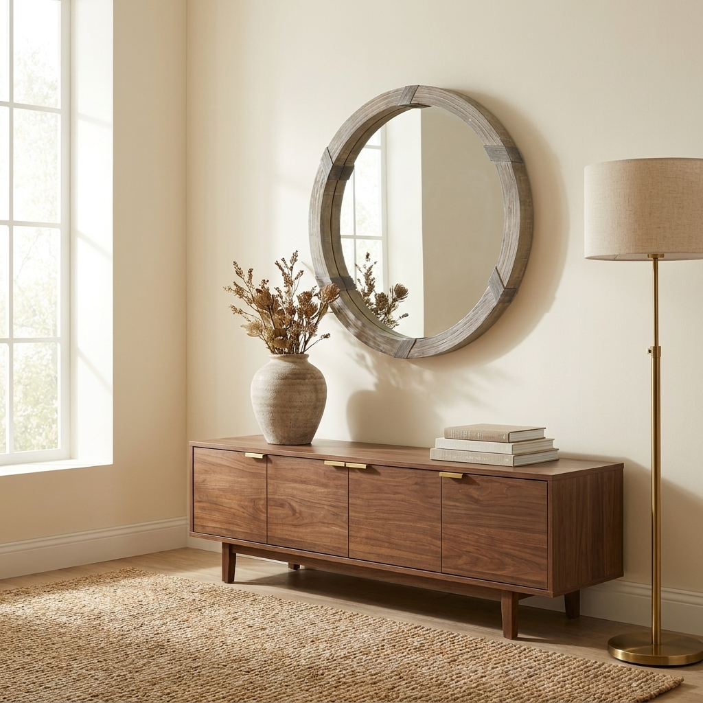 Wood Framed Wall Mirror, 30.75 in. Natural Wood Decor for Living Room styled in a room