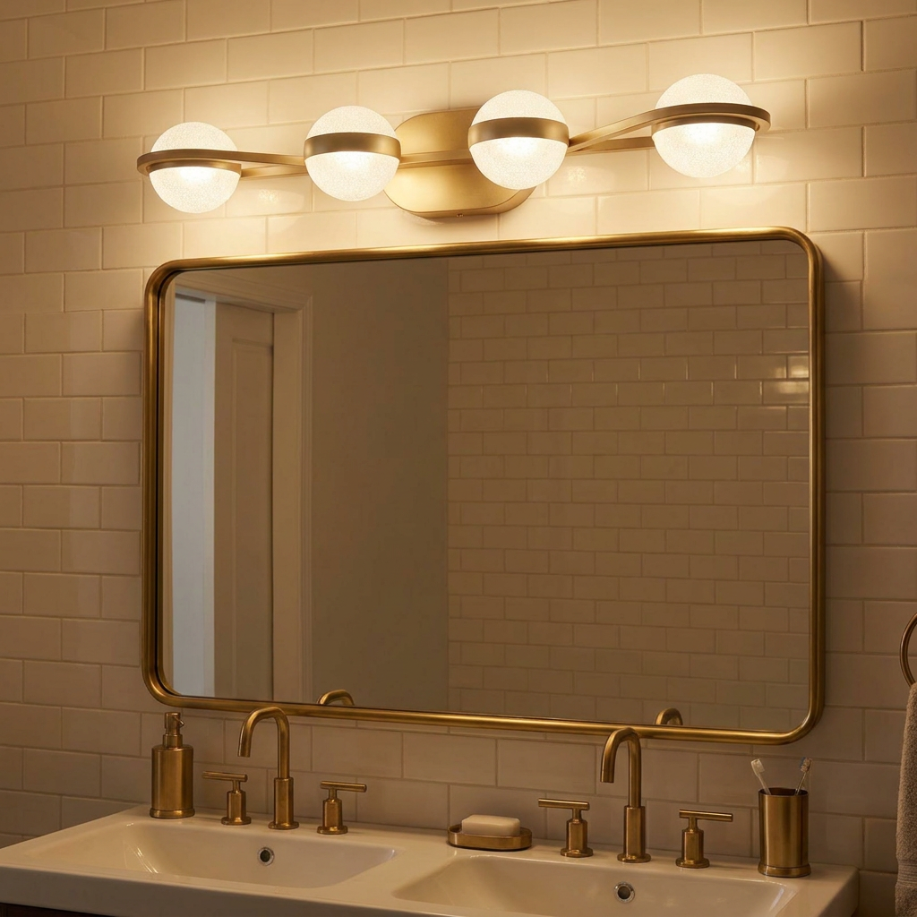 Minimalist LED Bathroom Vanity Light, 28 in. 4-Light Crystal Sand Acrylic, Gold styled in a room