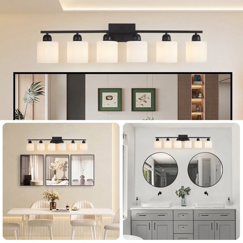 6-Light Bathroom Vanity Light, Matte Black, Milky White Glass Shades for Bathroom Mirror