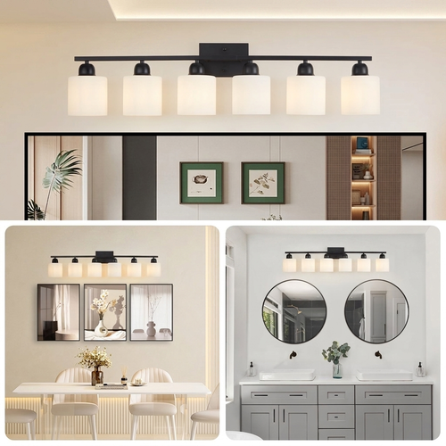 6-Light Bathroom Vanity Light, Matte Black, Milky White Glass Shades for Bathroom Mirror