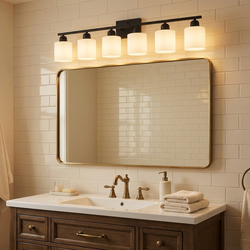 6-Light Bathroom Vanity Light, Matte Black, Milky White Glass Shades for Bathroom Mirror styled in a room
