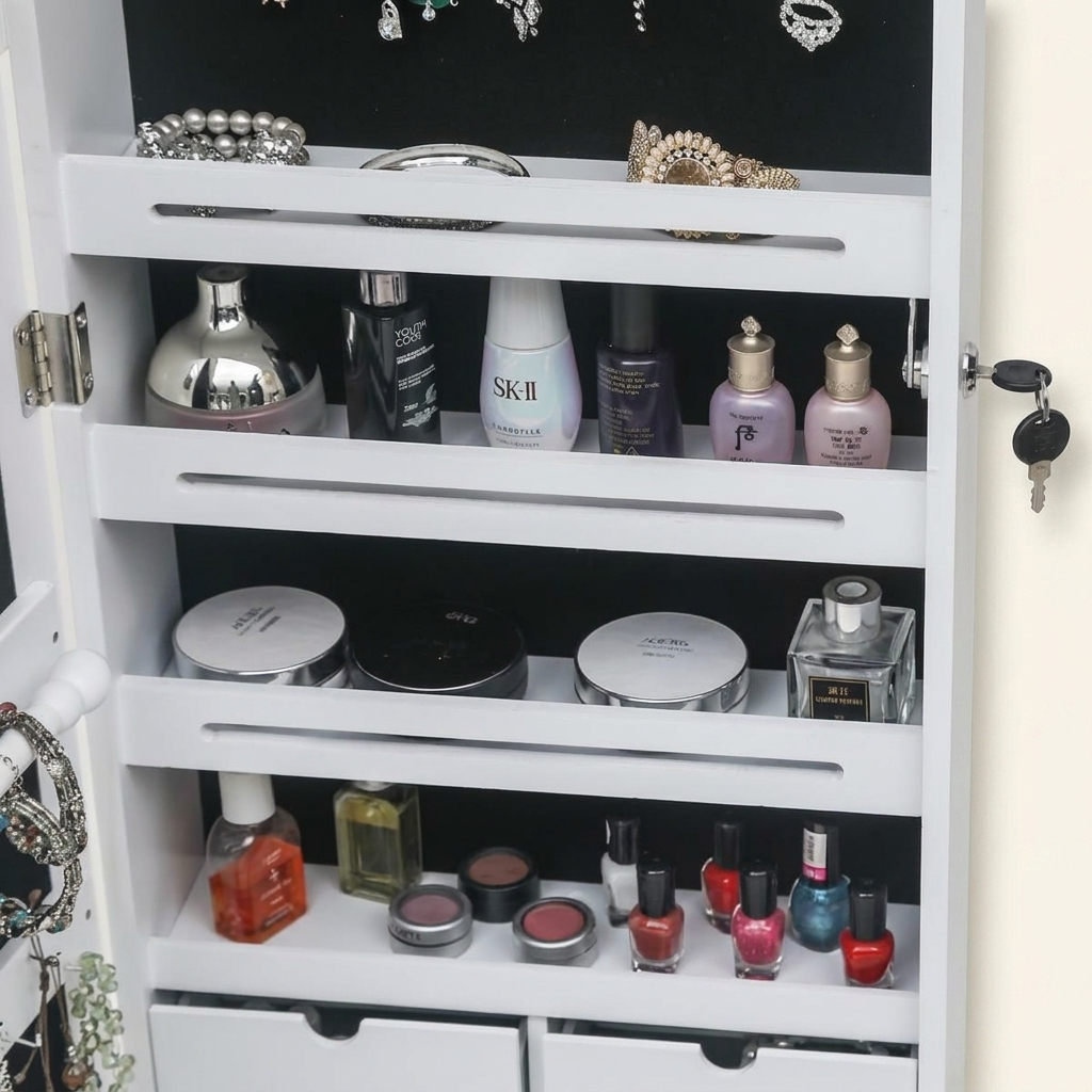 Wall-Mounted Jewelry Storage Cabinet, Wooden Mirror Door, White for Bedroom