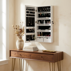 Wall-Mounted Jewelry Storage Cabinet, Wooden Mirror Door, White for Bedroom styled in a room
