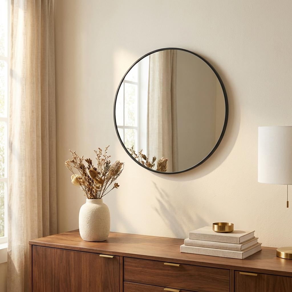 Round Circular Wall Mirror, 20 to 30 in. Metal Frame, Black or Gold for Living Room Wall styled in a room