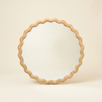 Farmhouse Wood Round Wavy Wall Mirror, Scalloped Vanity Mirror, Antique Natural, 27.5 in. for Bathroom