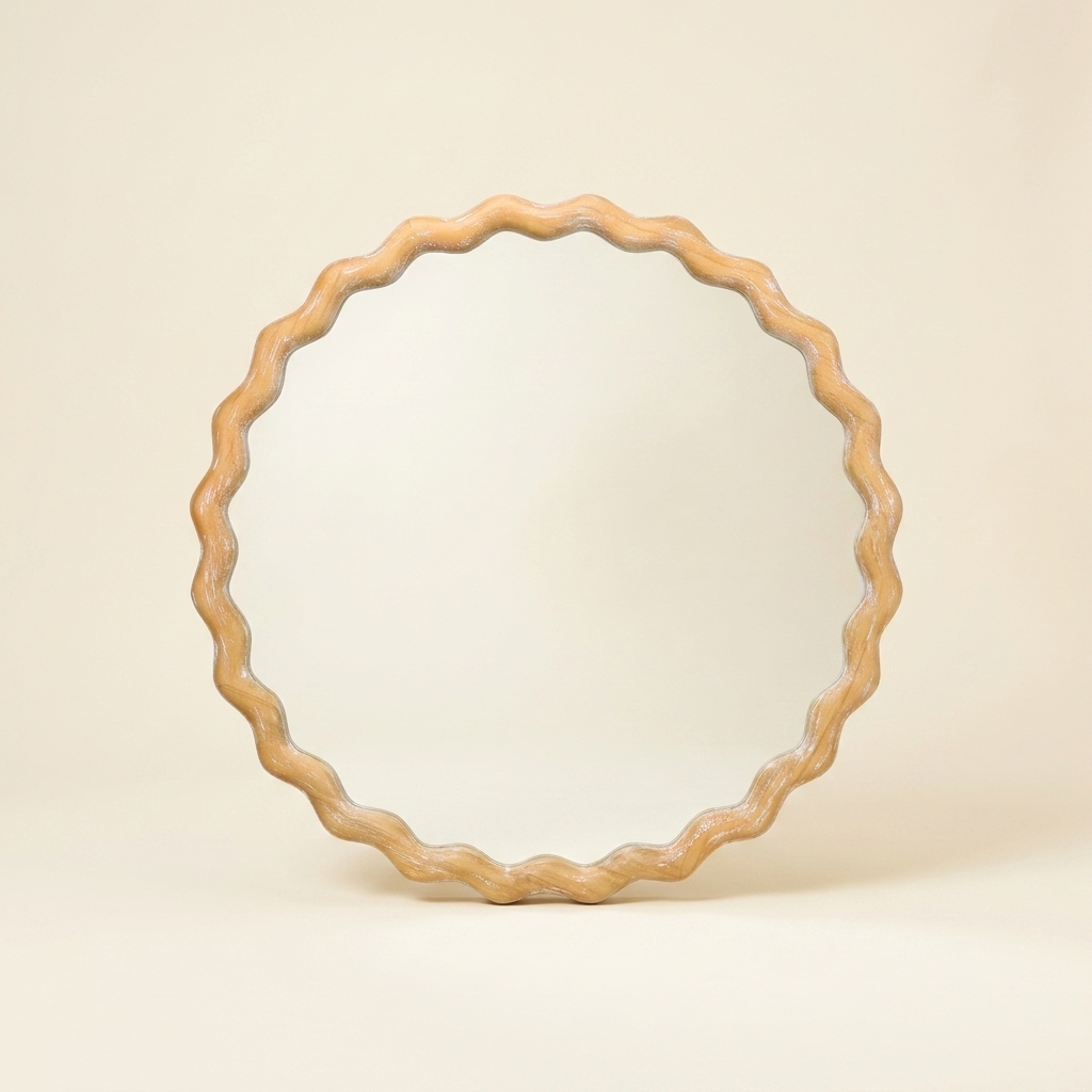 Farmhouse Wood Round Wavy Wall Mirror, Scalloped Vanity Mirror, Antique Natural, 27.5 in. for Bathroom