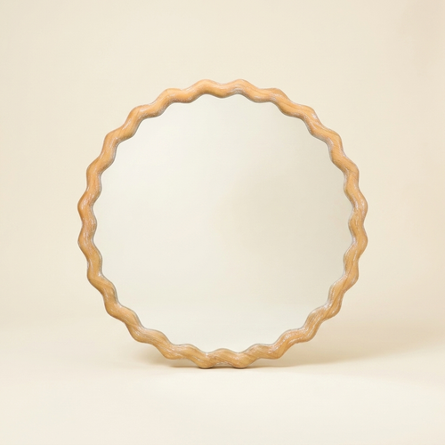 Farmhouse Wood Round Wavy Wall Mirror, Scalloped Vanity Mirror, Antique Natural, 27.5 in. for Bathroom