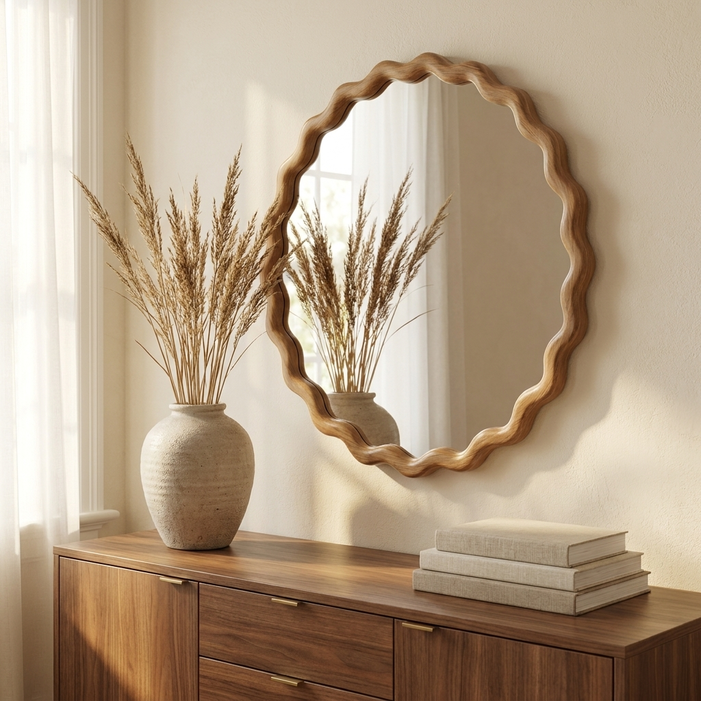 Farmhouse Wood Round Wavy Wall Mirror, Scalloped Vanity Mirror, Antique Natural, 27.5 in. for Bathroom styled in a room