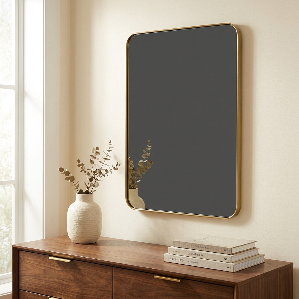 Modern Gold Metal-Framed Rectangular Wall Mirror, Vanity Mirror, 24 x 32 in. for Bathroom styled in a room