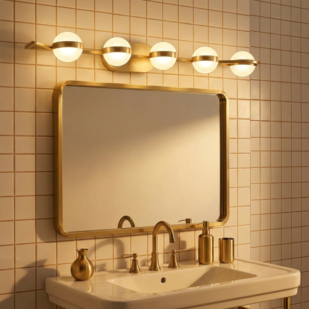 Minimalist Gold LED Bathroom Vanity Light, 6-Light Acrylic Wall Sconce, 43 in. for Over Mirror styled in a room