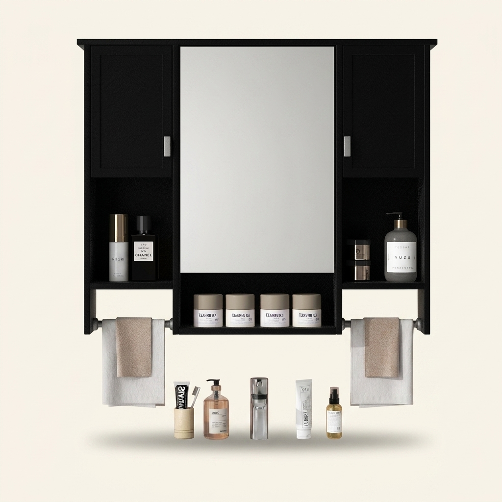 Modern Wall-Mounted Bathroom Medicine Cabinet with Mirror, Black Storage Cabinet, 35 x 28 in.