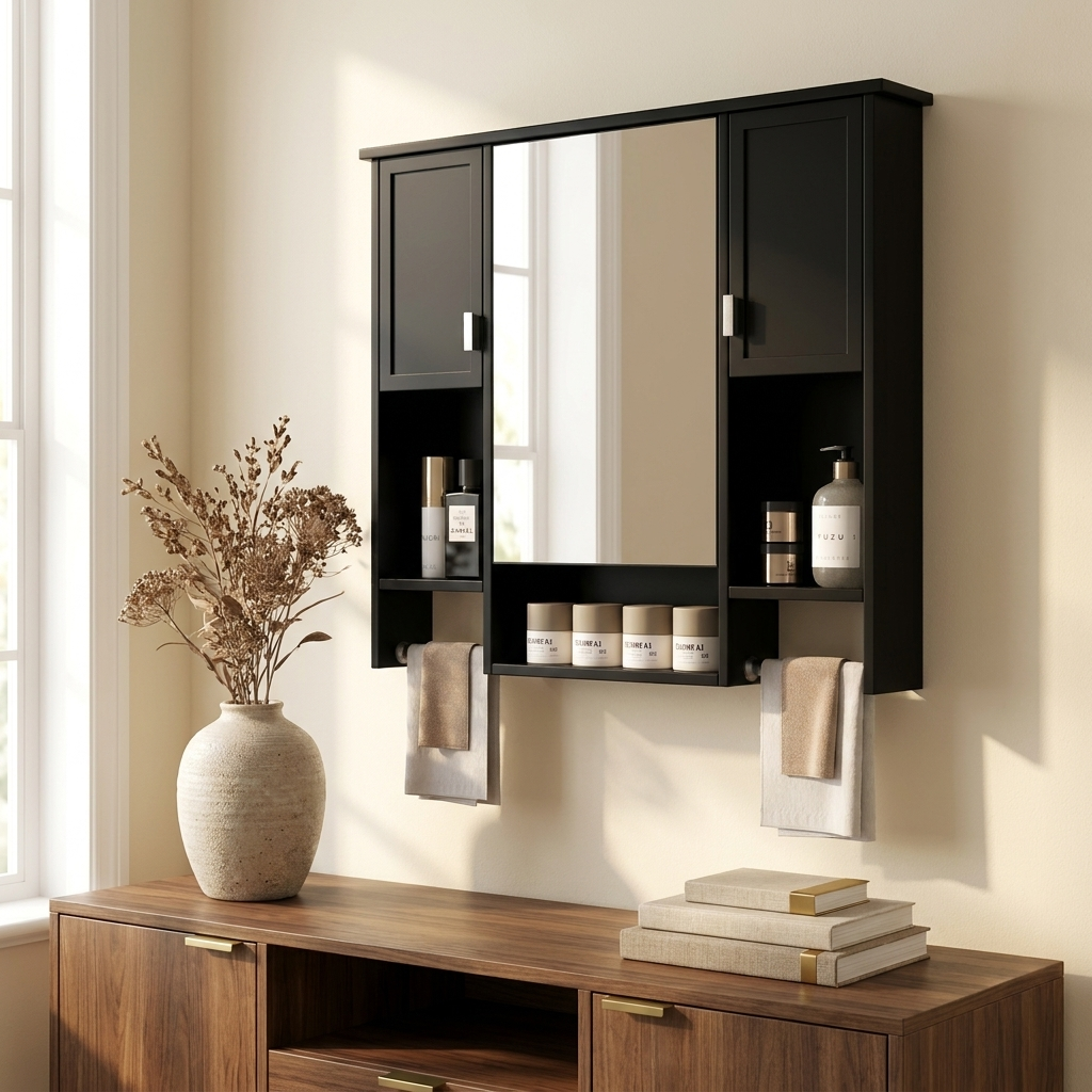 Modern Wall-Mounted Bathroom Medicine Cabinet with Mirror — Black