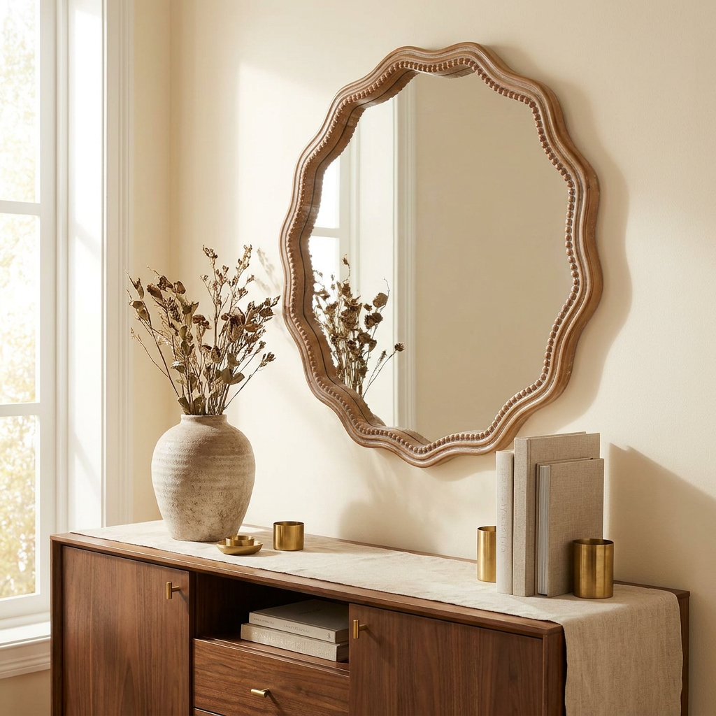 Wood Round Wavy Scalloped Wall Mirror, Decorative Vanity Mirror, Antique Natural, 23.6 in. for Bathroom styled in a room