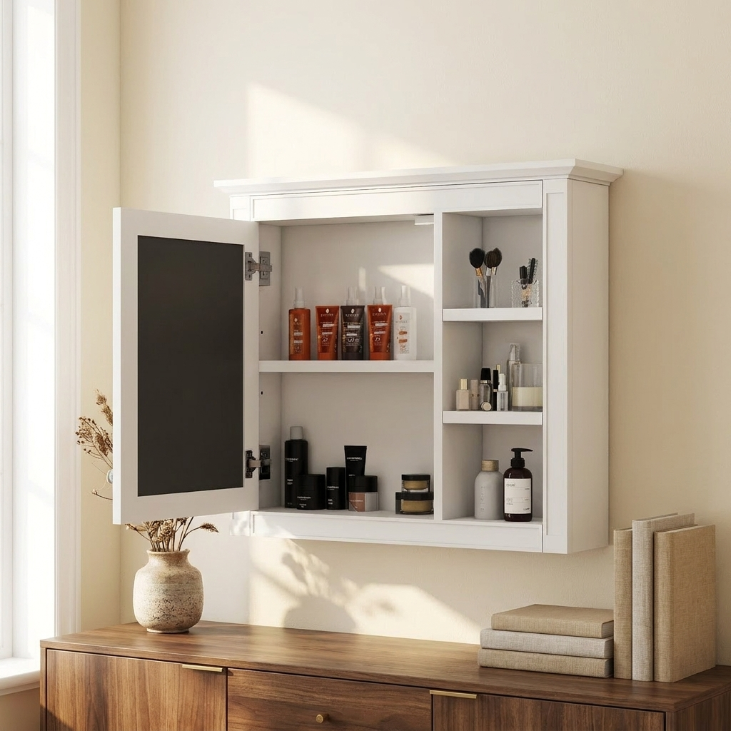 Modern Wall-Mounted Bathroom Medicine Cabinet with Mirror, White Storage Cabinet, 30 x 28 in. styled in a room